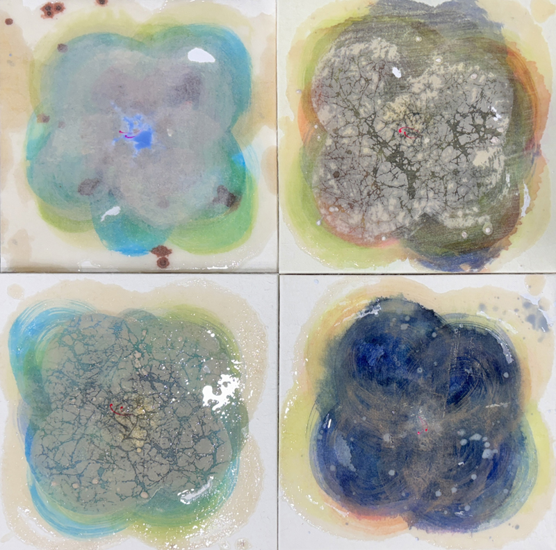 황미란, 너의 이야기, 순지에 채색, 혼합재료, 20×20cm(×4), 2025